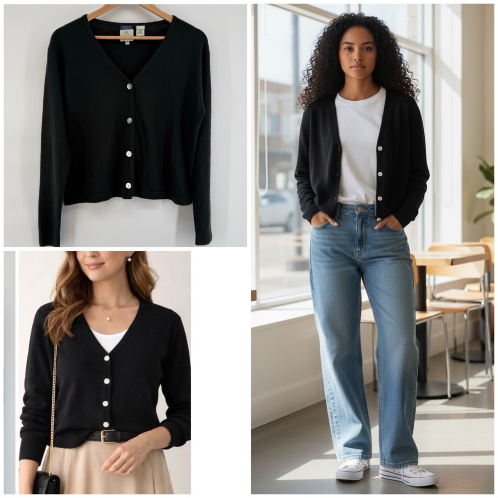 Cousin Johnny Soft Black V-Neck Cardigan Sweater Pearl Button Women's Sz M